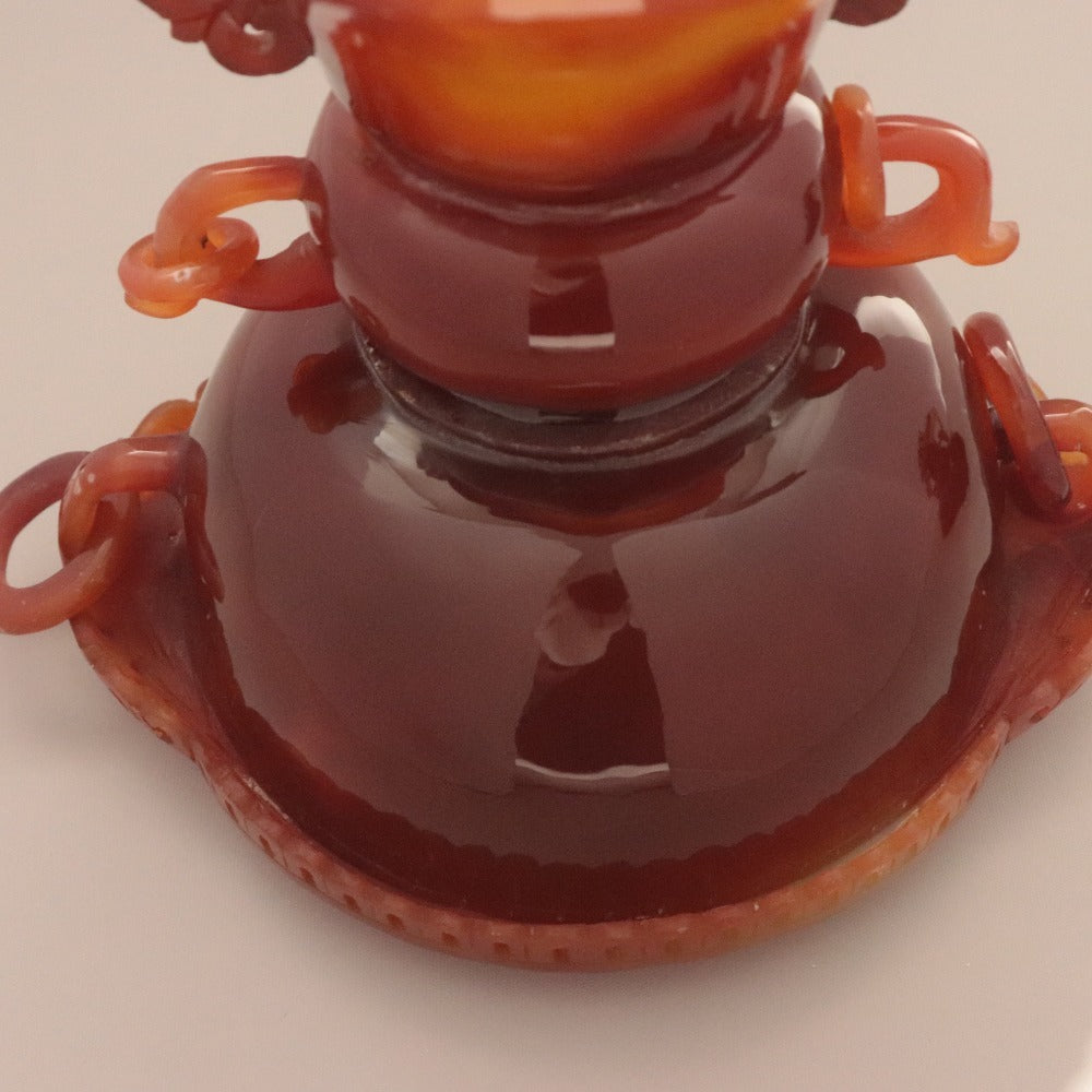■ 中国美術 赤瑪瑙 メノウ 遊環 香炉 細密彫刻 双耳活環 天然石 茶道具 鑑賞 置物 吉祥 長寿 縁起物 全長27.5cm 重量1.6kg 唐木台座付き