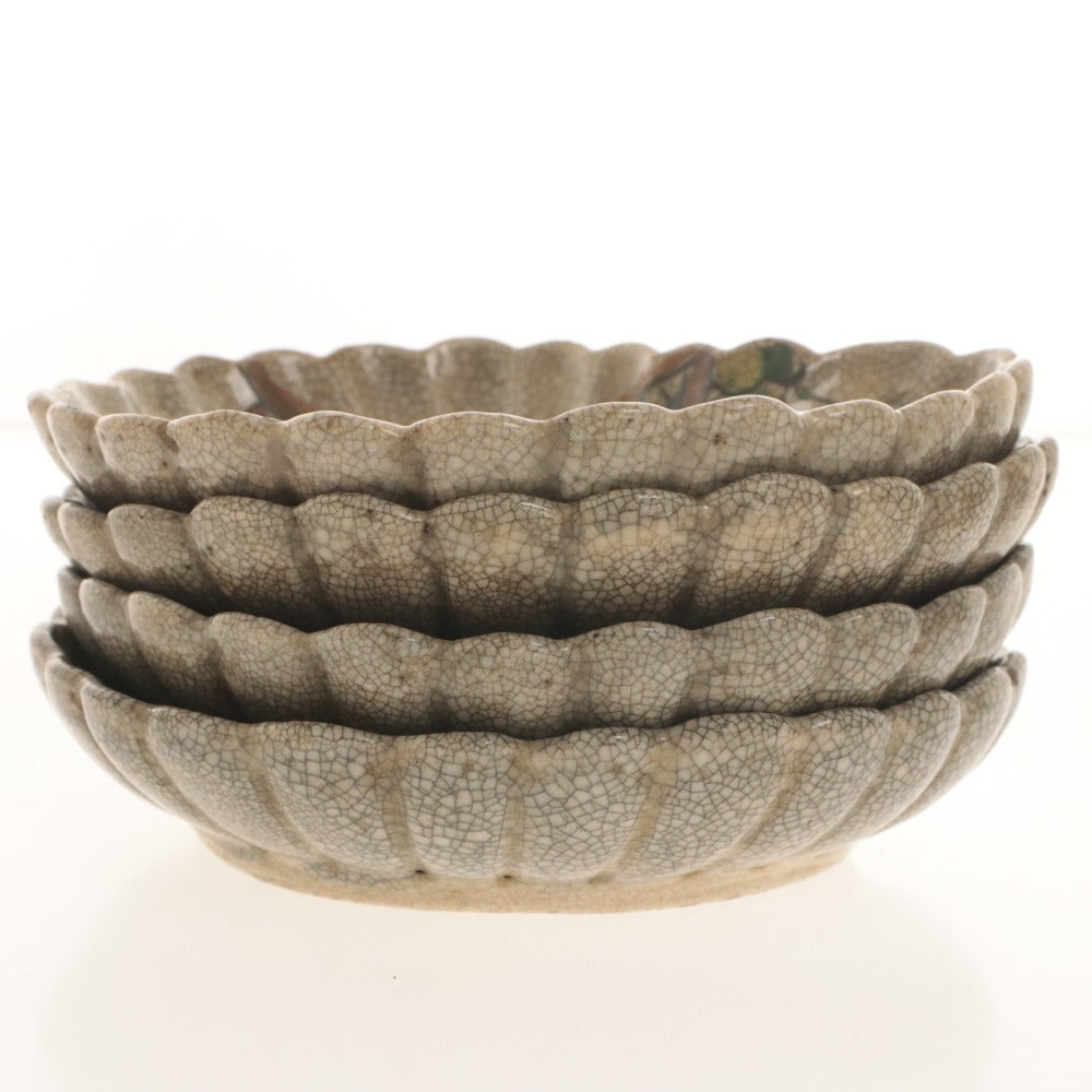 ■ Kyoto Awataguchi Ware Overglaze Enamel Willow Bridge Design Rinka Plate 5 Pieces/Set of Five, Kenzan-Style Copy, All-Over Pattern, Imari Seal Present, Irregular-Shaped Plates, Ceramic, Antique, Collectible, Overall Length 18.3 cm (1 Piece Damaged)