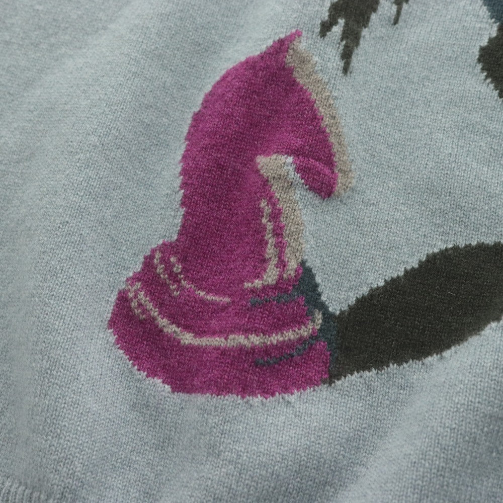 ■ HERMES セーター 長袖 トップス ニット Chess and Shadow 馬 チェス駒 カシミヤ レディース メンズ XXL ブルーグレー系 タグ付き 美品