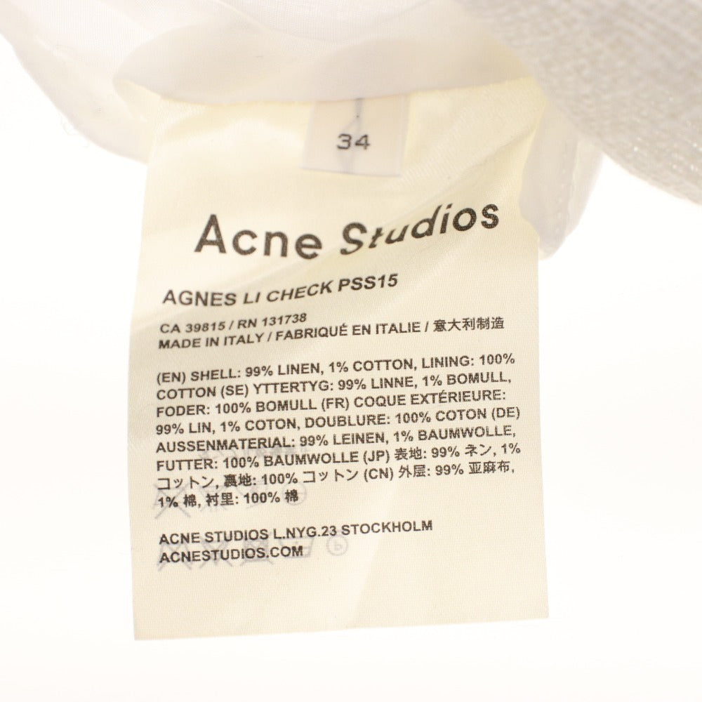 ■ Acne Studios ワンピース ノースリーブ トップス ひざ丈 バッグロング チェック柄 リネン レディース 34 (S相当) ホワイト ブラック