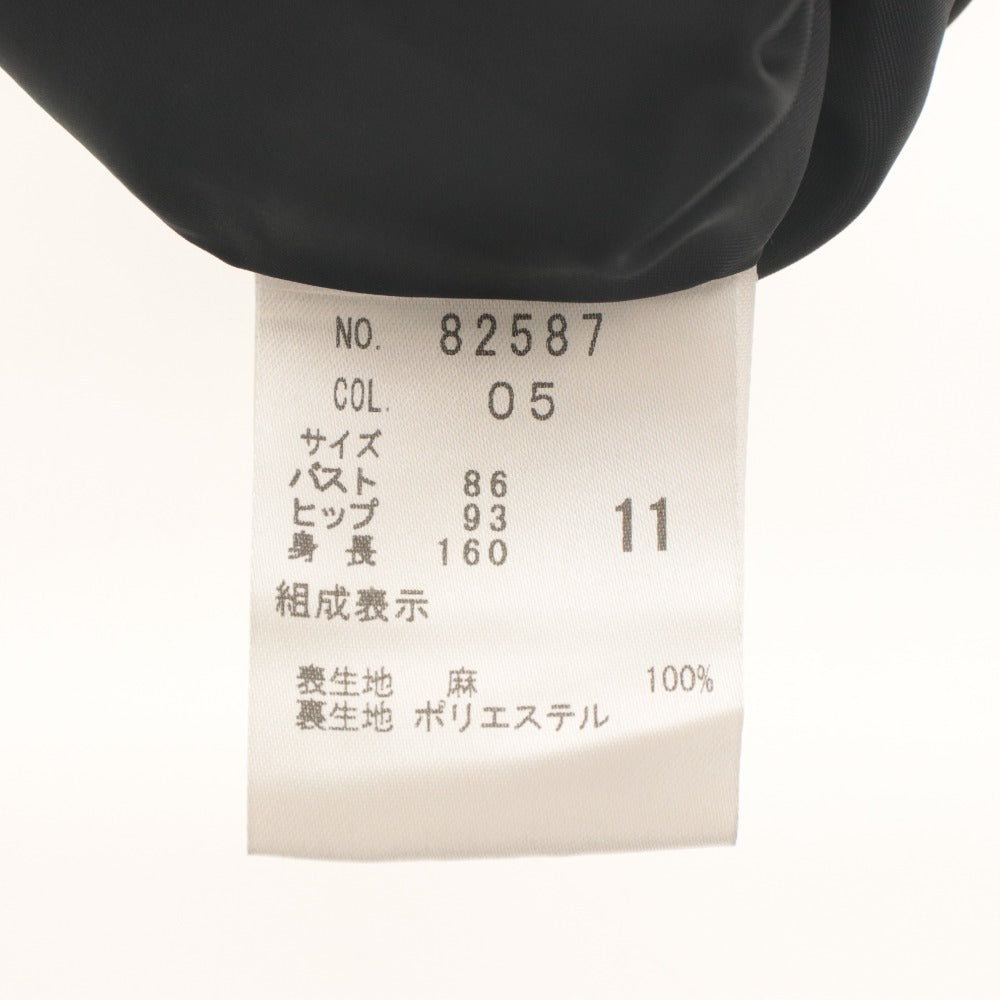 ■ ANNE KLEIN NEW YORK ワンピース ひざ丈 半袖 トップス ベルト付き フォーマル 日本製 麻 レディース 11 (L相当) 黒 ブラック