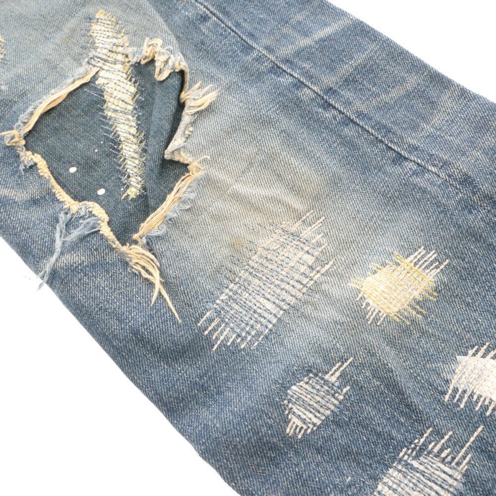 ■ YEN JEANS エンジーンズ ジーンズ パンツ ボトムス デニム ダメージ ペイント ボタンフライ メンズ レディース 28 インディゴブルー