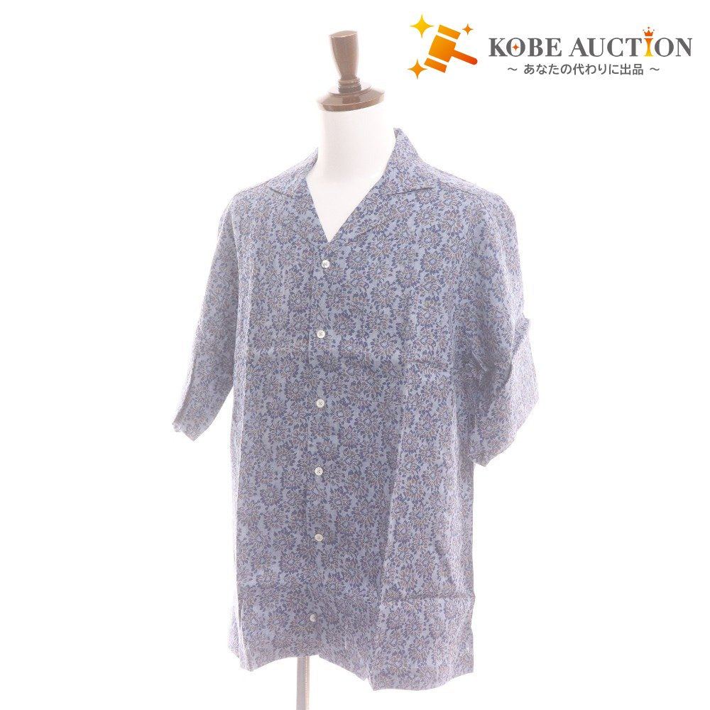 ■ ガリポリカミチェリア オープンカラーシャツ 半袖 トップス 花柄 麻100％ メンズ 50 ネイビー系 タグ付き 未使用