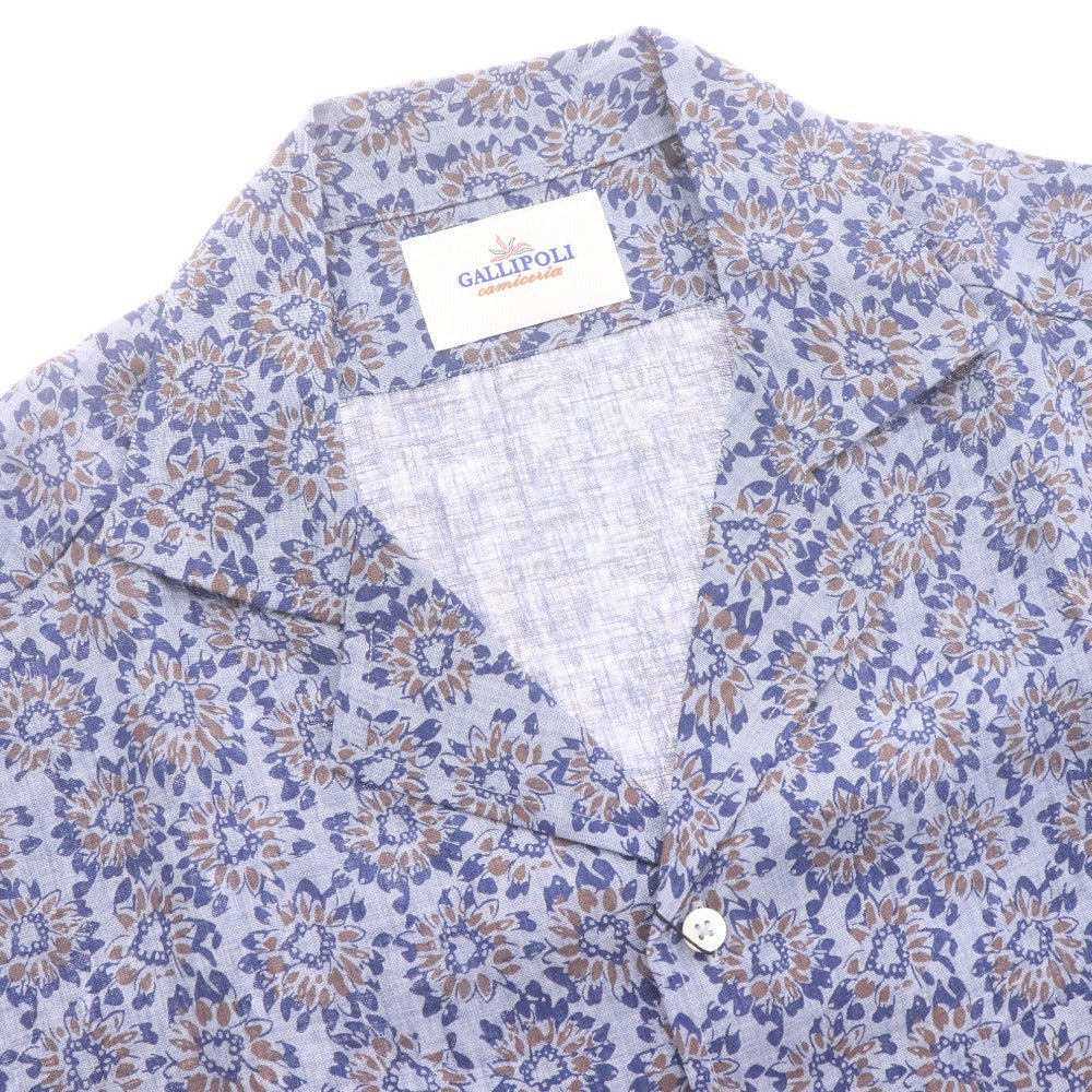 ■ ガリポリカミチェリア オープンカラーシャツ 半袖 トップス 花柄 麻100％ メンズ 50 ネイビー系 タグ付き 未使用