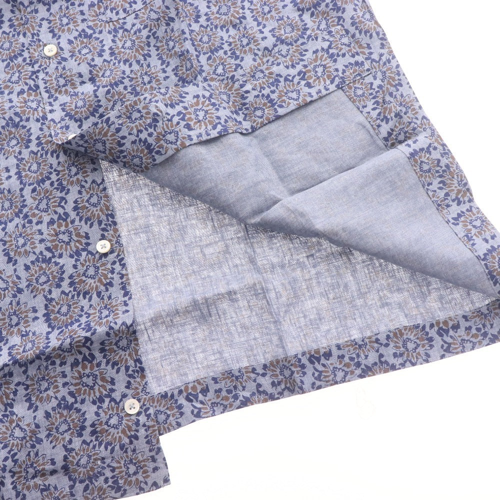 ■ ガリポリカミチェリア オープンカラーシャツ 半袖 トップス 花柄 麻100％ メンズ 50 ネイビー系 タグ付き 未使用