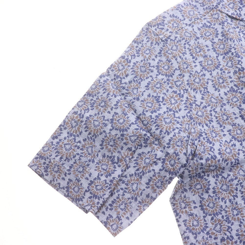 ■ ガリポリカミチェリア オープンカラーシャツ 半袖 トップス 花柄 麻100％ メンズ 50 ネイビー系 タグ付き 未使用