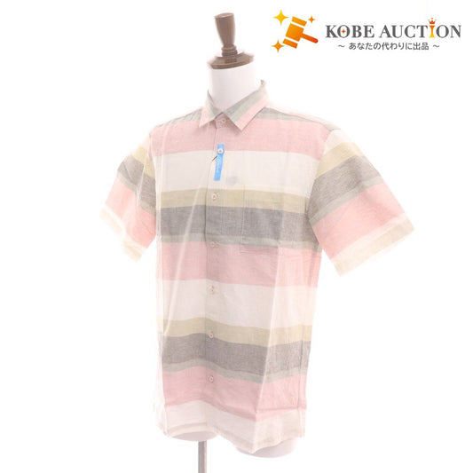 ■ バラシ フレンチリネン シャツ 半袖 トップス ボーダー メンズ 48 マルチカラー タグ付き 未使用