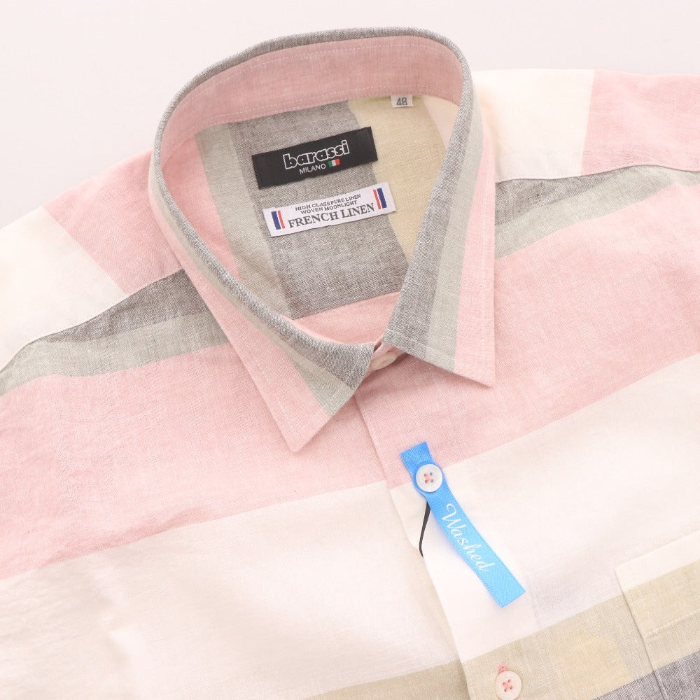 ■ バラシ フレンチリネン シャツ 半袖 トップス ボーダー メンズ 48 マルチカラー タグ付き 未使用