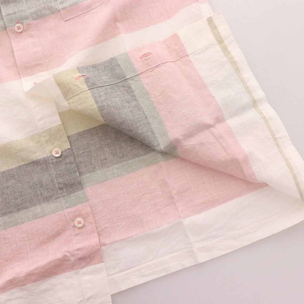 ■ バラシ フレンチリネン シャツ 半袖 トップス ボーダー メンズ 48 マルチカラー タグ付き 未使用