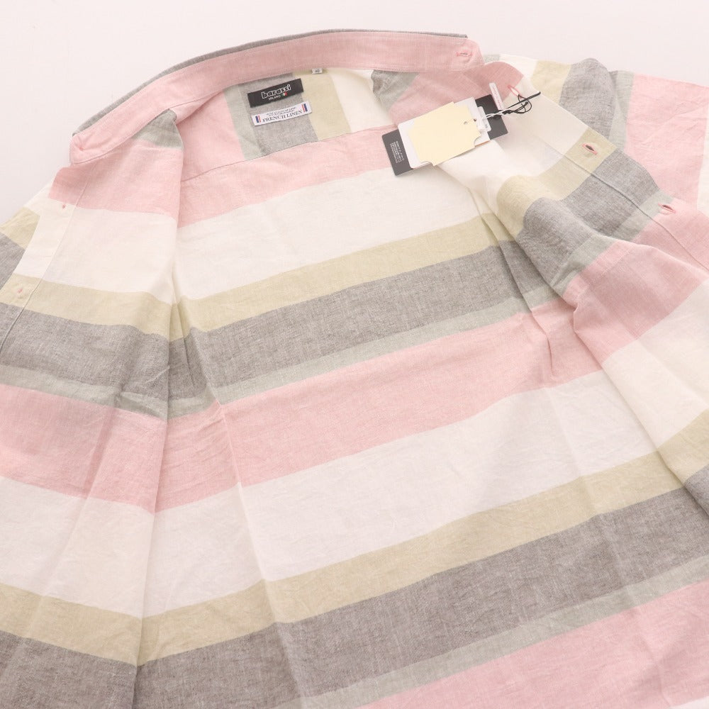 ■ バラシ フレンチリネン シャツ 半袖 トップス ボーダー メンズ 48 マルチカラー タグ付き 未使用