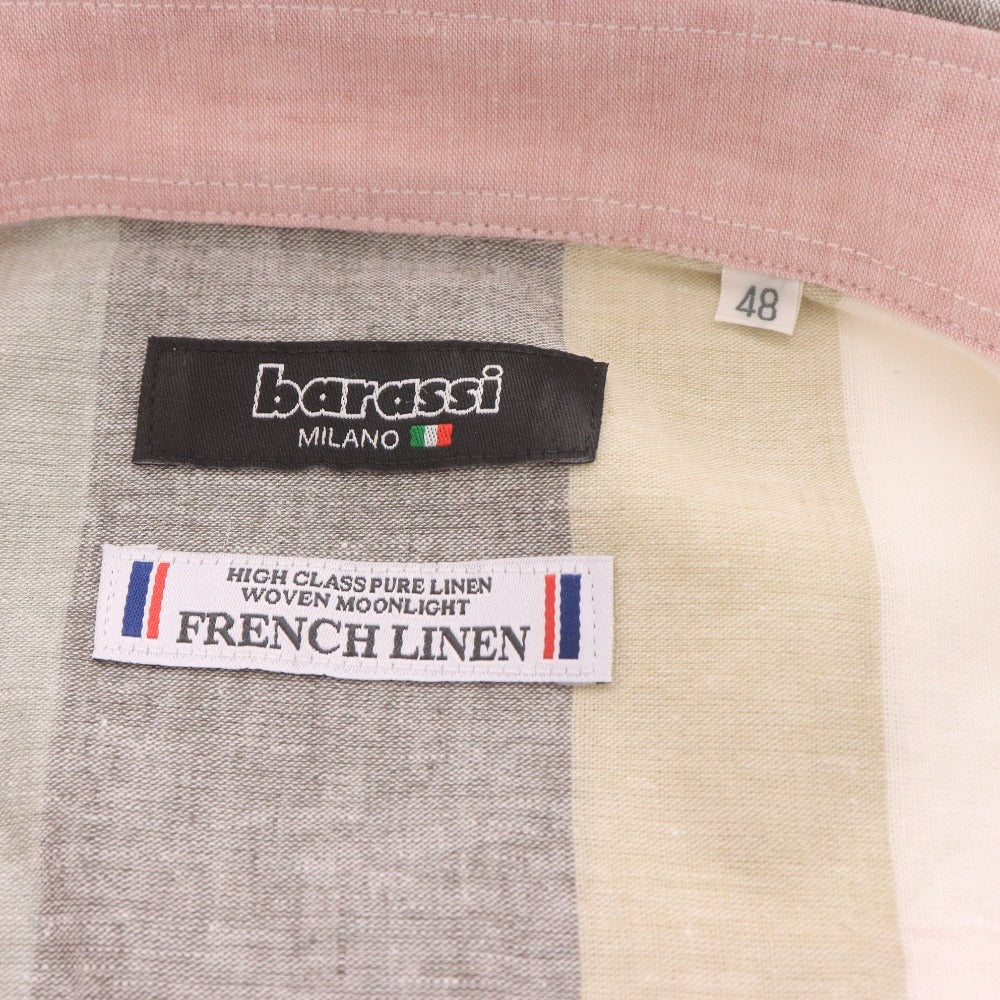 ■ バラシ フレンチリネン シャツ 半袖 トップス ボーダー メンズ 48 マルチカラー タグ付き 未使用
