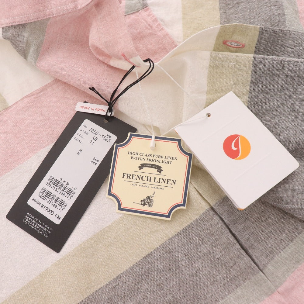 ■ バラシ フレンチリネン シャツ 半袖 トップス ボーダー メンズ 48 マルチカラー タグ付き 未使用