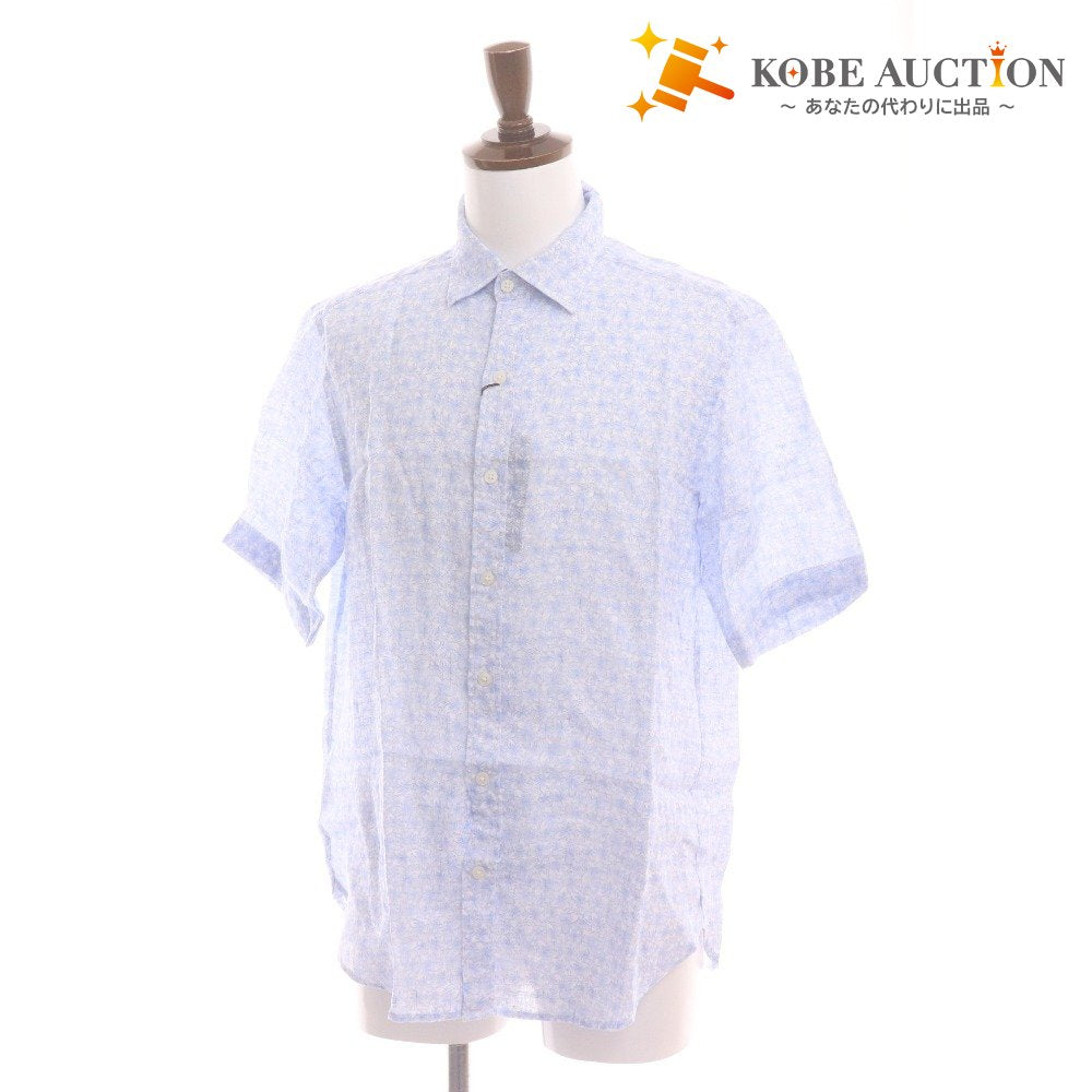 ■ マッキントッシュロンドン シャツ 半袖 トップス 花柄 総柄 麻100％ メンズ L ライトブルー ホワイト タグ付き 未使用