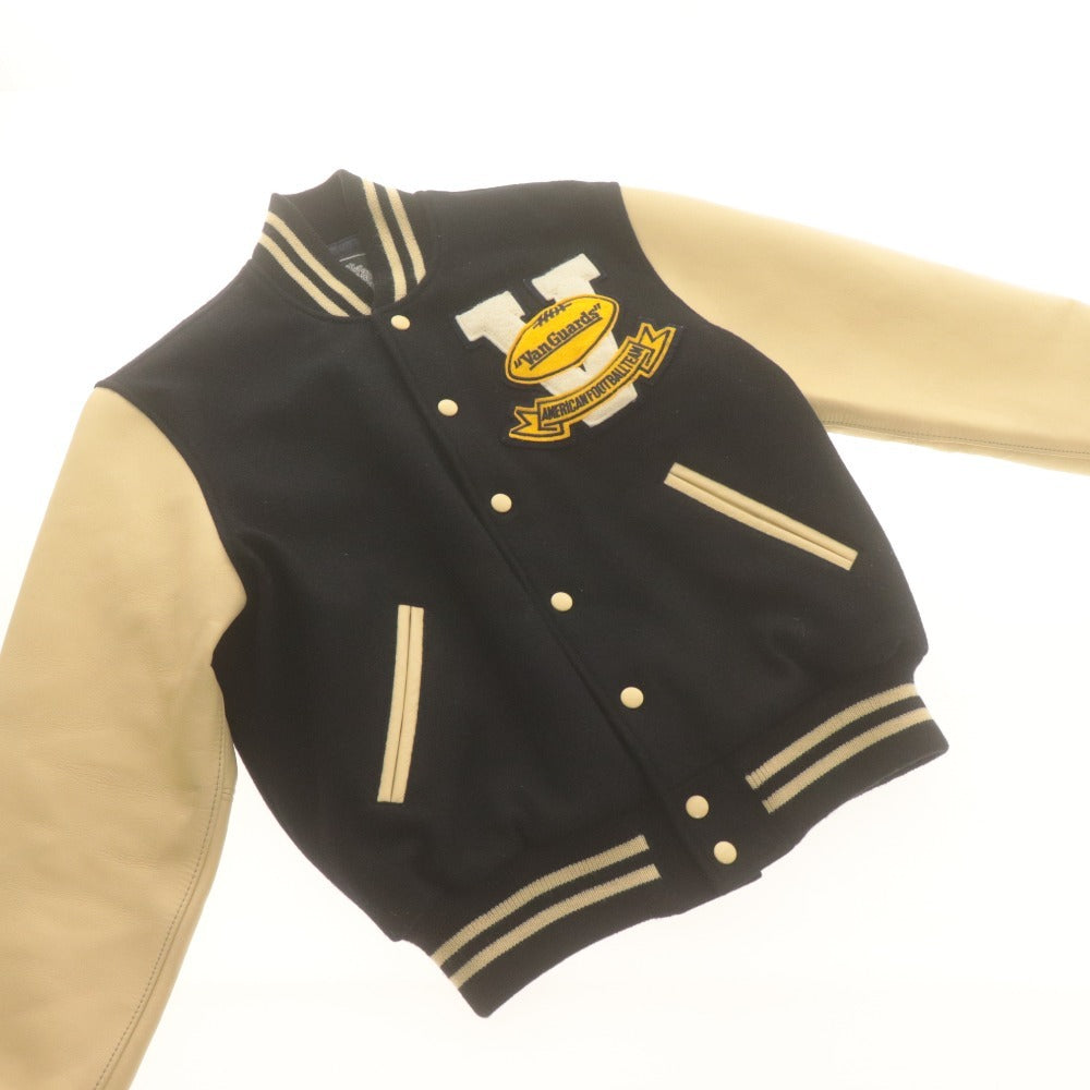 ■ VAN JACKET ヴァンヂャケット スタジアム ジャンパー ジャケット アウター ボタン ポケット 袖革 メンズ M ブラック系 アイボリー系