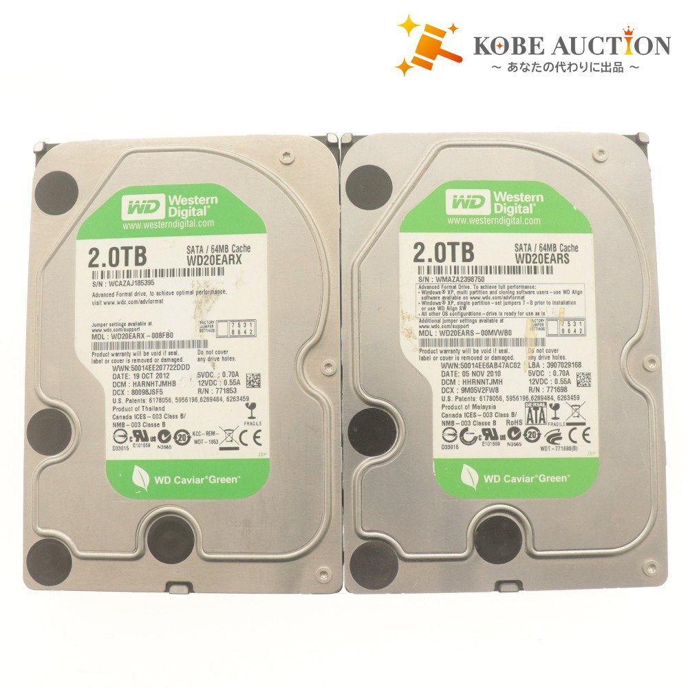 ■ Western Digital SATA HDD 2TB 2点セットまとめ売り WD20EARX/S 3.5インチ内臓 状態:正常/注意 使用:19672/1722時間 初期化済 動作品