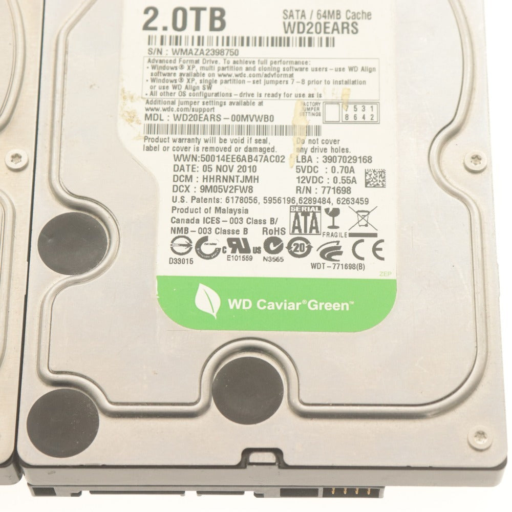 ■ Western Digital SATA HDD 2TB 2点セットまとめ売り WD20EARX/S 3.5インチ内臓 状態:正常/注意 使用:19672/1722時間 初期化済 動作品