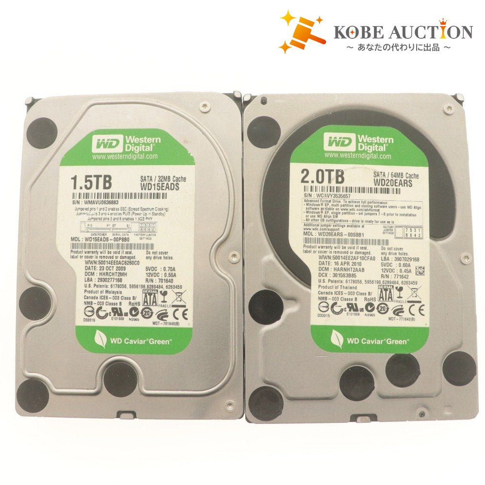 ■ WD HDD SATA 1.5TB 2TB 2点セットまとめ売り WD15EADS/20EARS 3.5インチ内蔵 状態正常/注意 使用6328/28188時間 動作確認/初期化済み