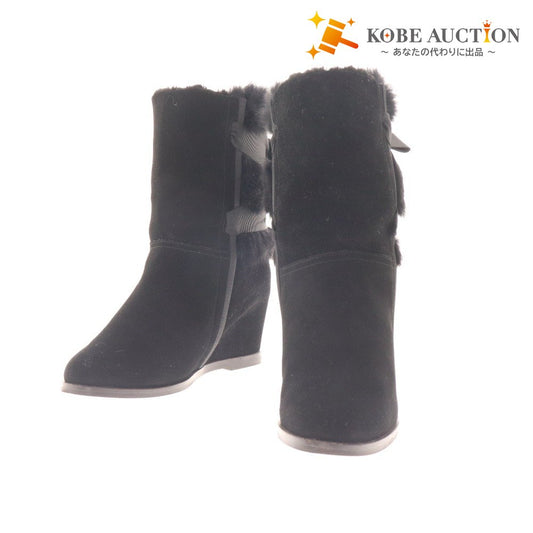 ■ Lanvin wedge boots, shoes, back ribbon, suede, fur, women's, size 24.5, black, box included