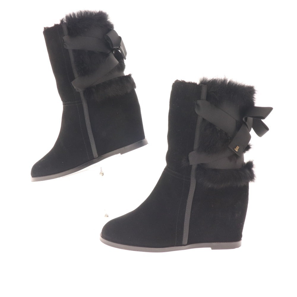 ■ Lanvin wedge boots, shoes, back ribbon, suede, fur, women's, size 24.5, black, box included