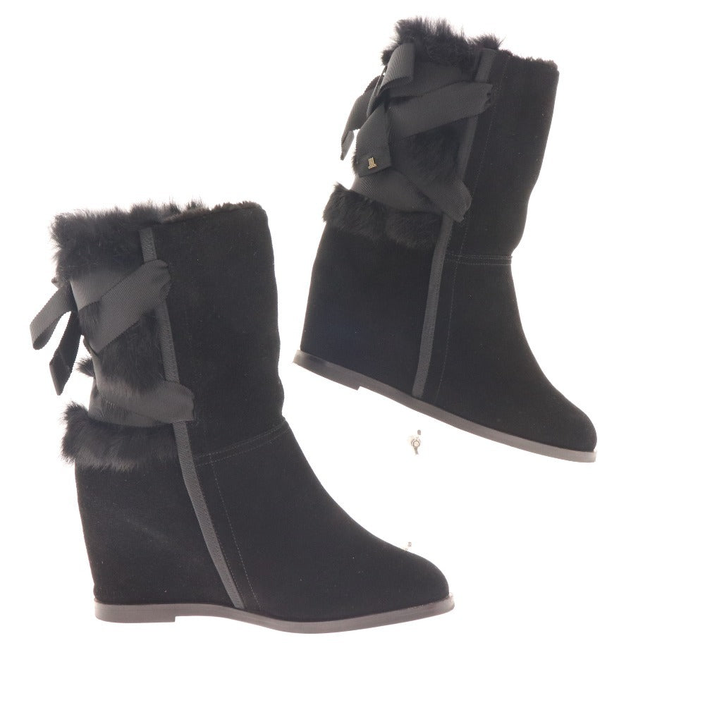 ■ Lanvin wedge boots, shoes, back ribbon, suede, fur, women's, size 24.5, black, box included