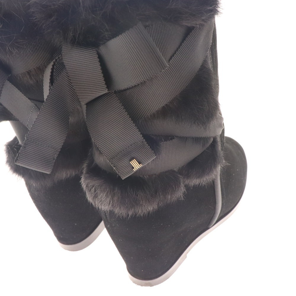 ■ Lanvin wedge boots, shoes, back ribbon, suede, fur, women's, size 24.5, black, box included