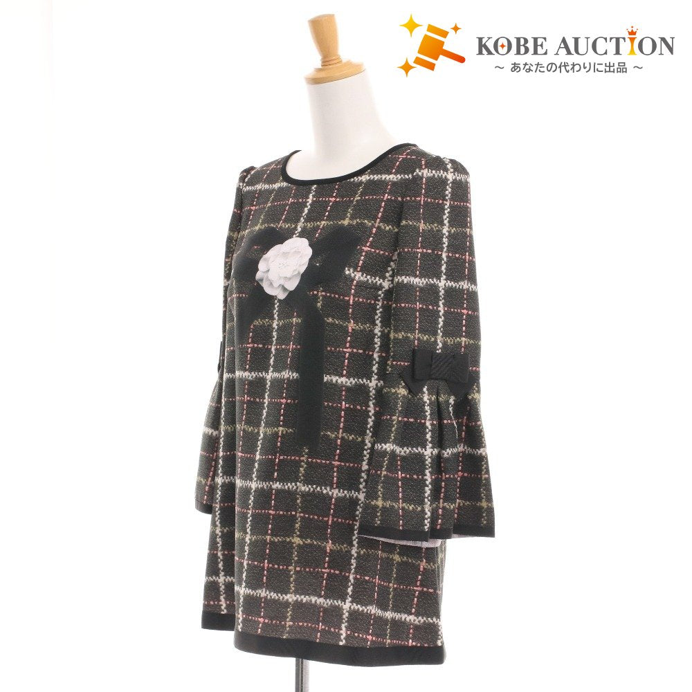 ■ エムズグレイシー チュニック 長袖 FS-910514 トップス 日本製 高品質 リボン レディース 40(L相当）ブラック系 タグ付き 未使用