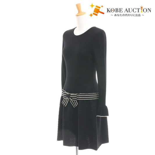 ■ エムズグレイシー ニットワンピース ひざ丈 TZ-328570-2 日本製 お花 ベルスリーブ レディース 40(L相当）ブラック 付属品付き 未使用