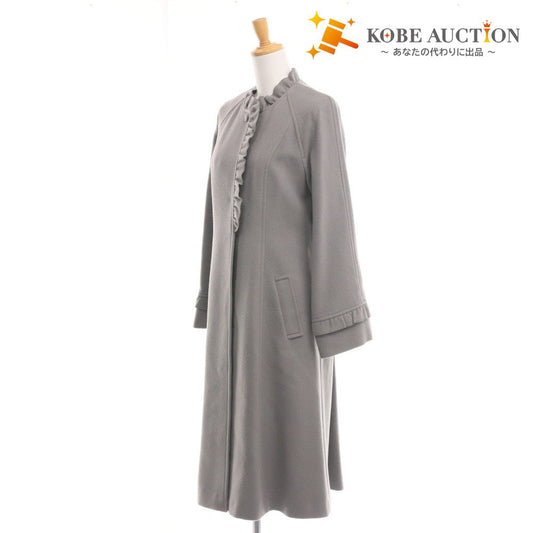 ■ エムズグレイシー ロングコート 長袖 TD-119608 スタンドカラー 日本製 フリル ウール レディース 40(L相当）グレー 付属品付き 未使用