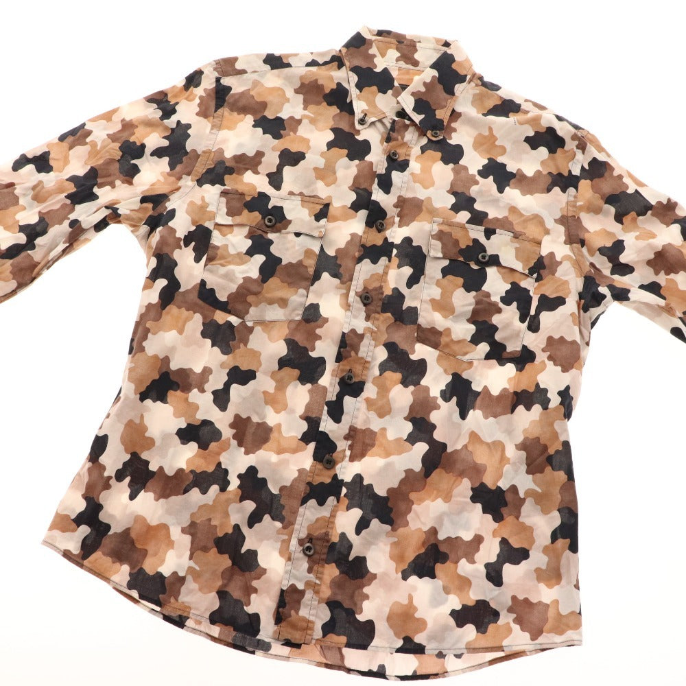 ■ Prada shirt, long sleeve top, cotton shirt, camouflage, all-over pattern, men's, size 39, brown