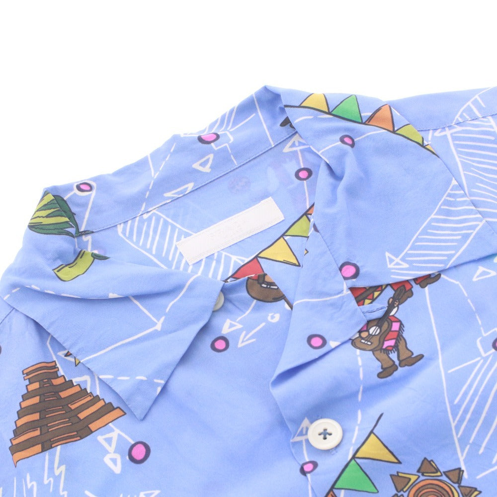 ■ PRADA プラダ シャツ 半袖 トップス 総柄 アロハ ポケット メンズ M ブルー系