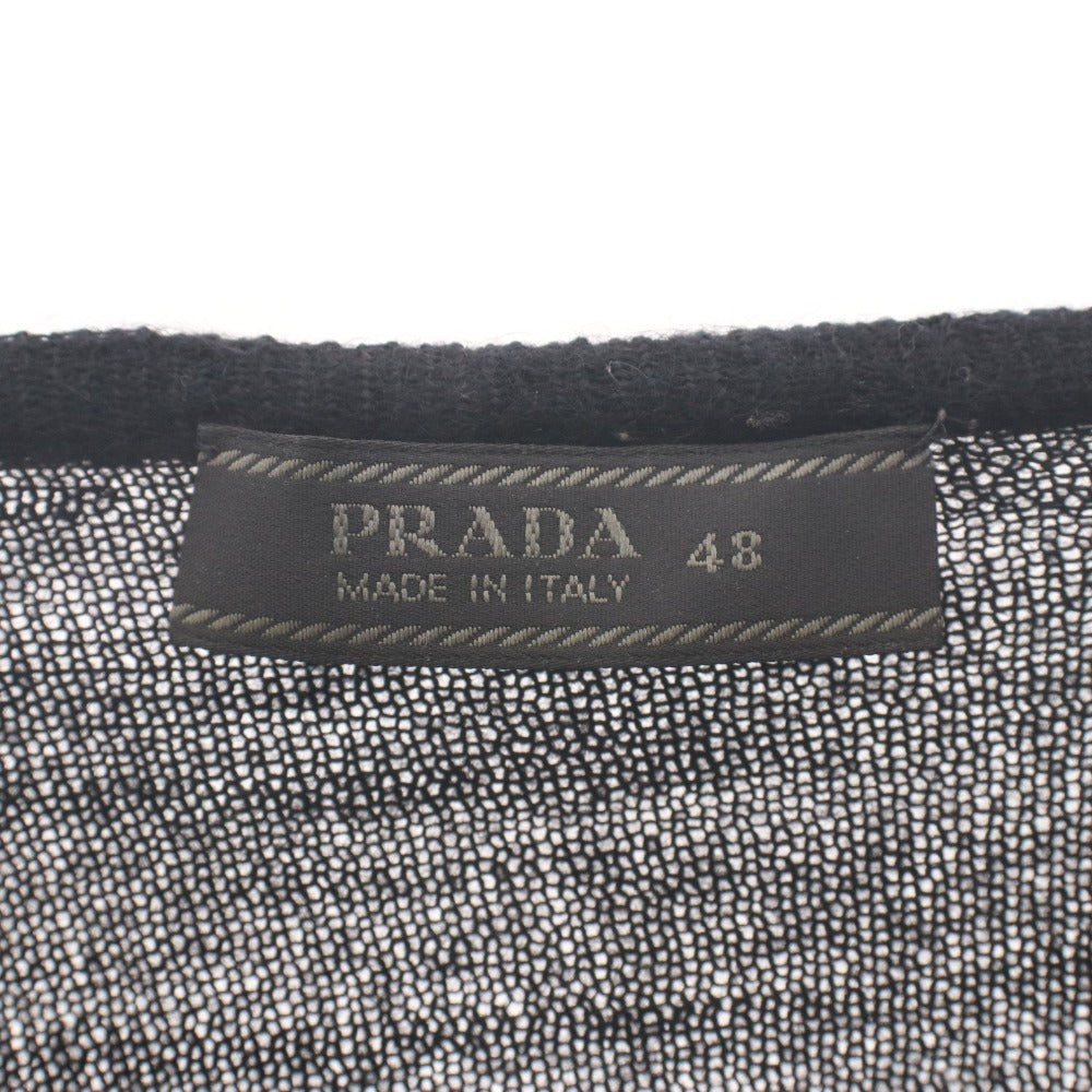 ■ PRADA プラダ ロンT カットソー 長袖 トップス 異素材 レザー Vネック メンズ 48 ブラック