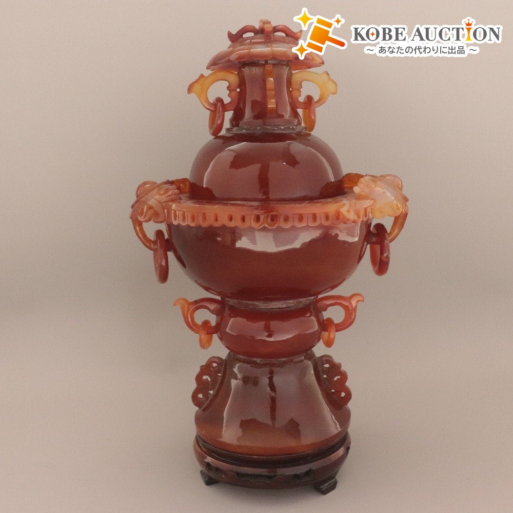■ 中国美術 赤瑪瑙 メノウ 遊環 香炉 細密彫刻 双耳活環 天然石 茶道具 鑑賞 置物 吉祥 長寿 縁起物 全長27.5cm 重量1.6kg 唐木台座付き