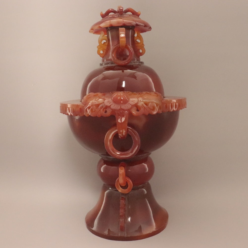 ■ 中国美術 赤瑪瑙 メノウ 遊環 香炉 細密彫刻 双耳活環 天然石 茶道具 鑑賞 置物 吉祥 長寿 縁起物 全長27.5cm 重量1.6kg 唐木台座付き