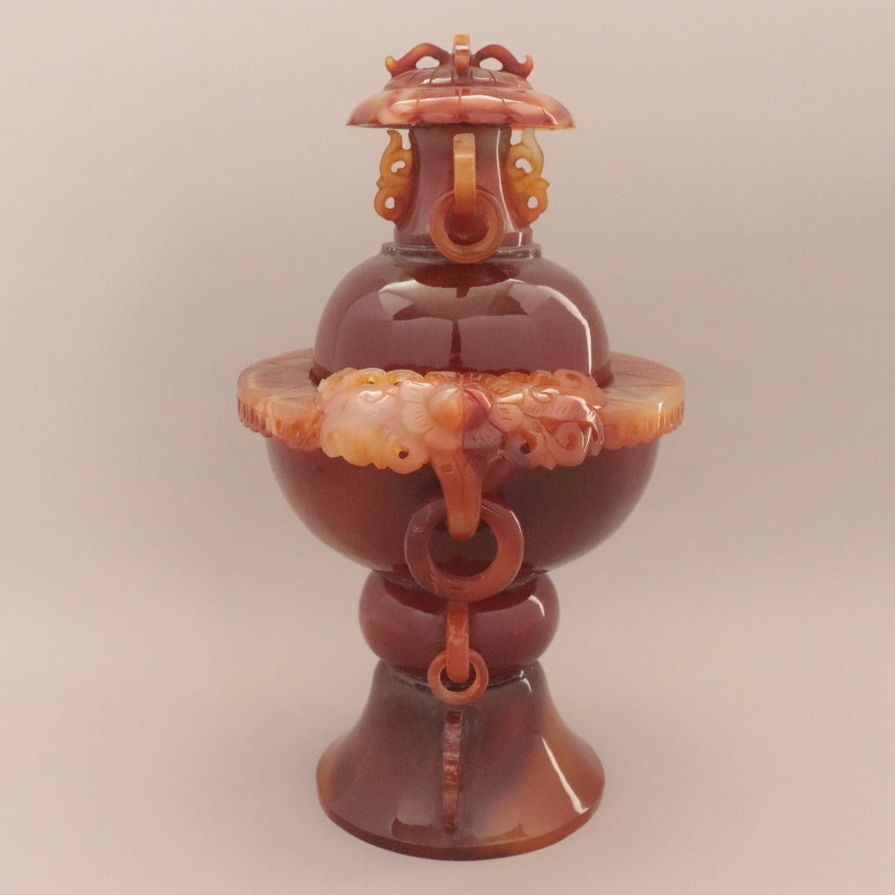 時代　砡　遊環耳付　香炉　重量約770ｇ　中国美術　石工芸　メノウ　赤瑪瑙　彫刻 □ 中国美術 赤瑪瑙 メノウ 遊環 香炉 細密彫刻 双耳活環 天然石