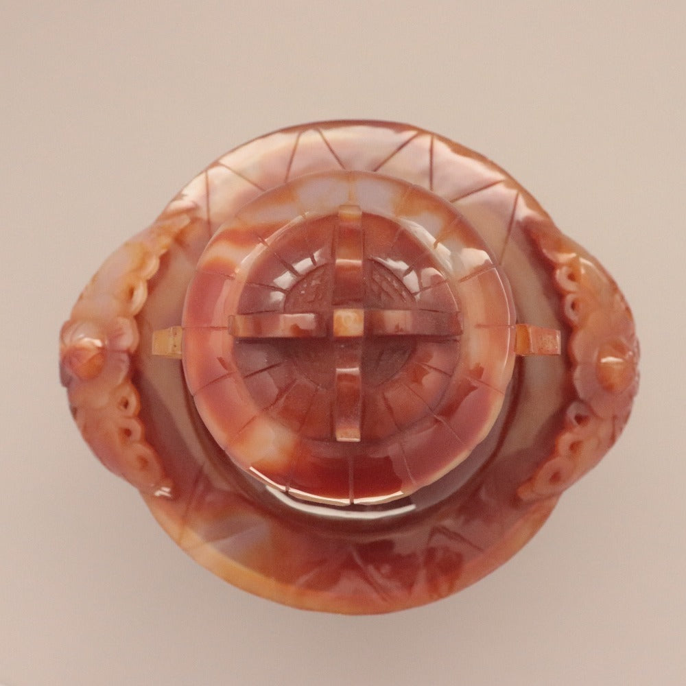 時代　砡　遊環耳付　香炉　重量約770ｇ　中国美術　石工芸　メノウ　赤瑪瑙　彫刻 □ 中国美術 赤瑪瑙 メノウ 遊環 香炉 細密彫刻 双耳活環 天然石