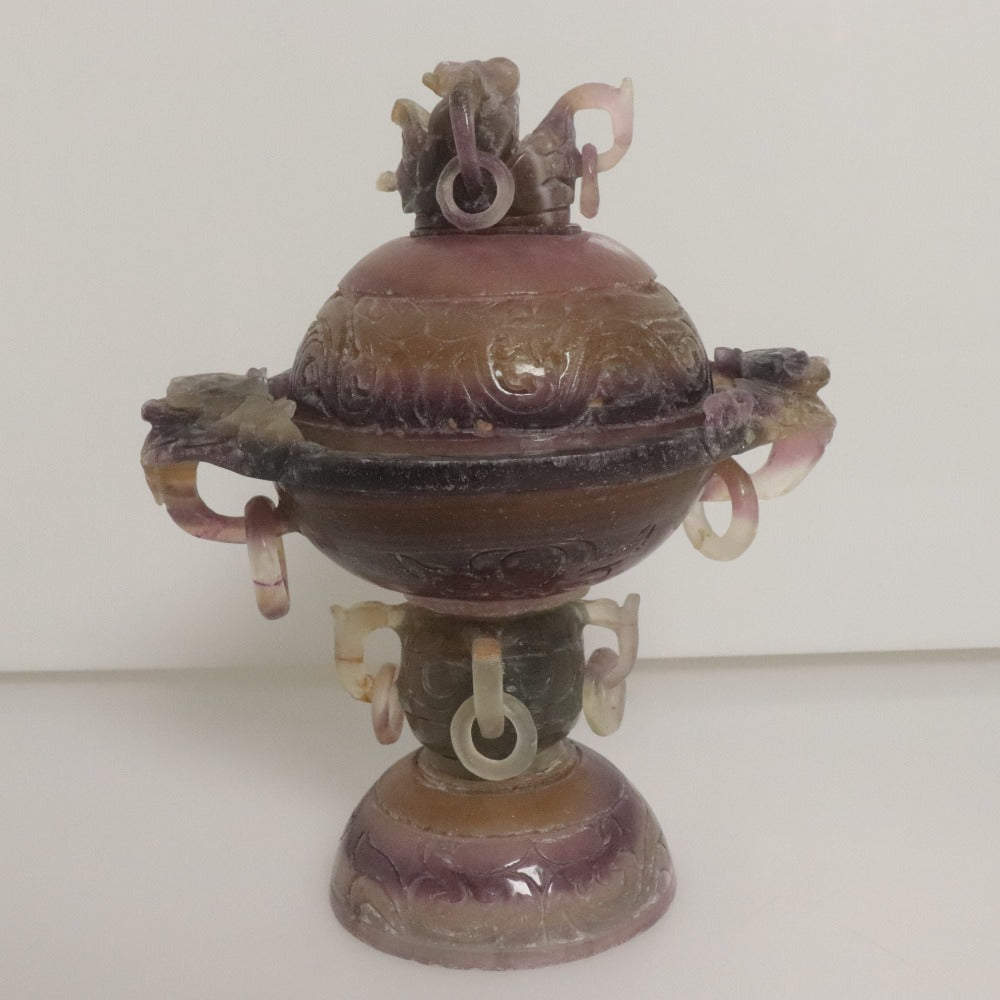 ■ 中国美術 紫水晶 アメジスト 蓋付遊環付香炉 彫刻 双龍 玉杯 装飾器 天然石 置物 鑑賞石 全長28cm 重量2618g/2.6kg 訳あり