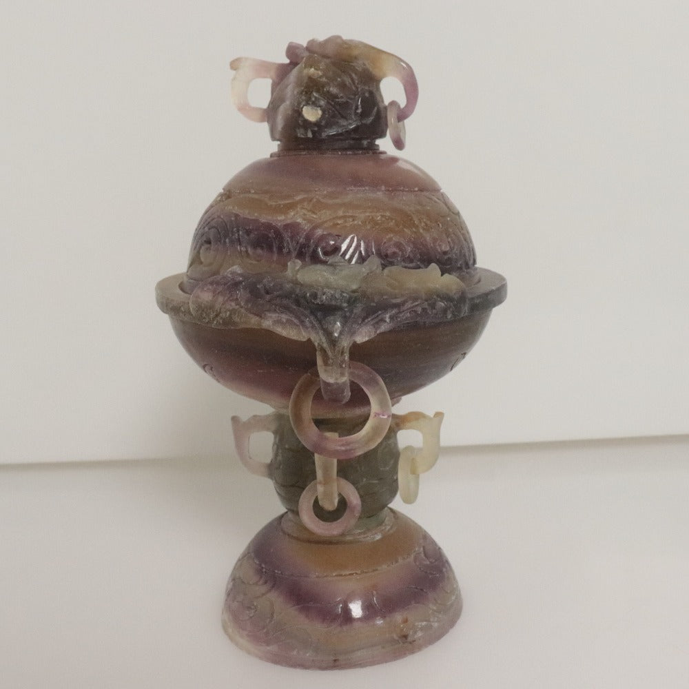 ■ 中国美術 紫水晶 アメジスト 蓋付遊環付香炉 彫刻 双龍 玉杯 装飾器 天然石 置物 鑑賞石 全長28cm 重量2618g/2.6kg 訳あり