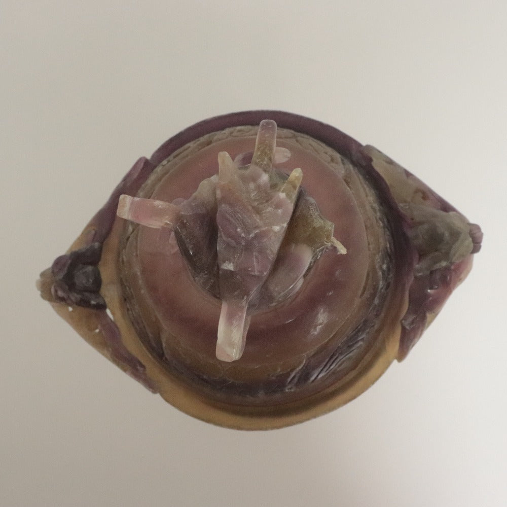 ■ 中国美術 紫水晶 アメジスト 蓋付遊環付香炉 彫刻 双龍 玉杯 装飾器 天然石 置物 鑑賞石 全長28cm 重量2618g/2.6kg 訳あり