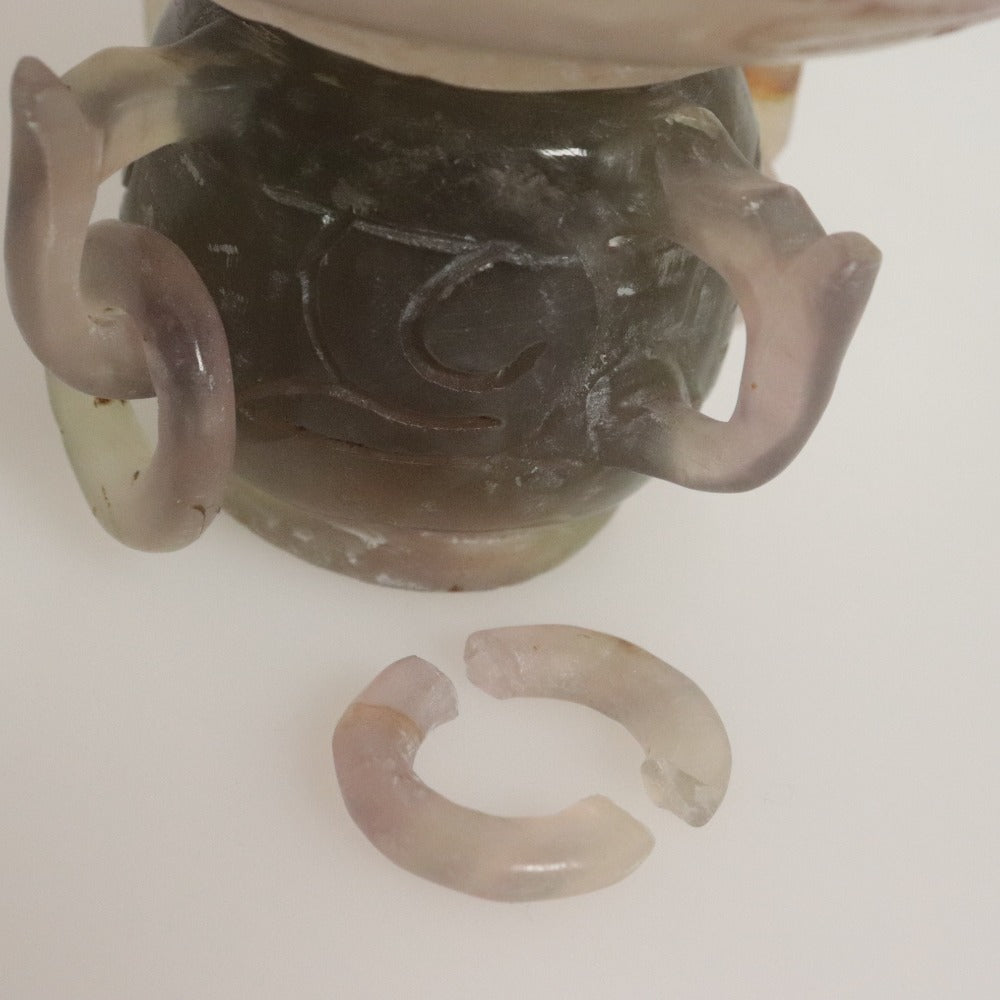 ■ 中国美術 紫水晶 アメジスト 蓋付遊環付香炉 彫刻 双龍 玉杯 装飾器 天然石 置物 鑑賞石 全長28cm 重量2618g/2.6kg 訳あり