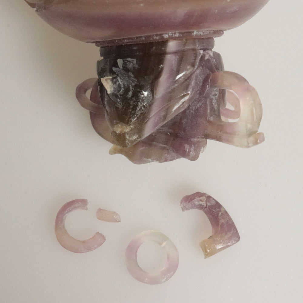 ■ 中国美術 紫水晶 アメジスト 蓋付遊環付香炉 彫刻 双龍 玉杯 装飾器 天然石 置物 鑑賞石 全長28cm 重量2618g/2.6kg 訳あり