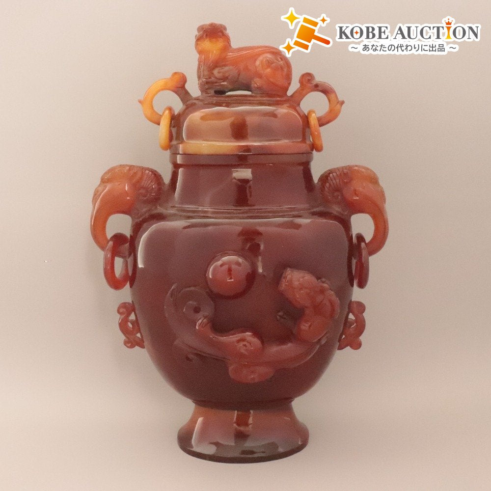 ■ 中国古玩 赤瑪瑙 蓋付遊環香炉 彫刻 獅子乗 象 龍 端獣 獣耳 双耳 総彫り 美術品 置物 鑑賞石 吉祥 縁起物 全長27.5cm 重量約1.3kg