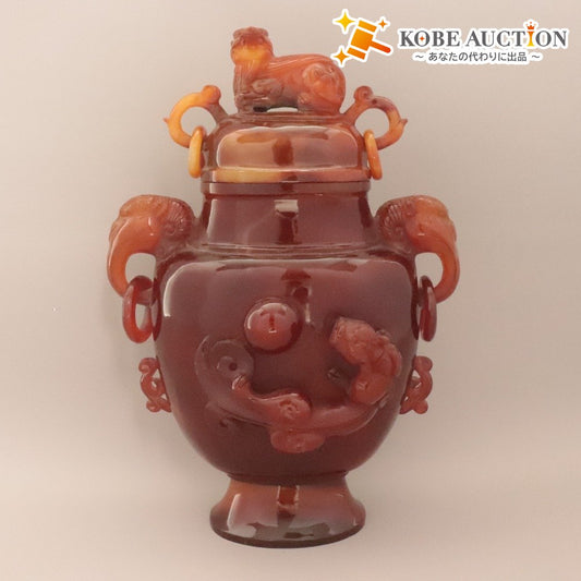 ■ 中国古玩 赤瑪瑙 蓋付遊環香炉 彫刻 獅子乗 象 龍 端獣 獣耳 双耳 総彫り 美術品 置物 鑑賞石 吉祥 縁起物 全長27.5cm 重量約1.3kg