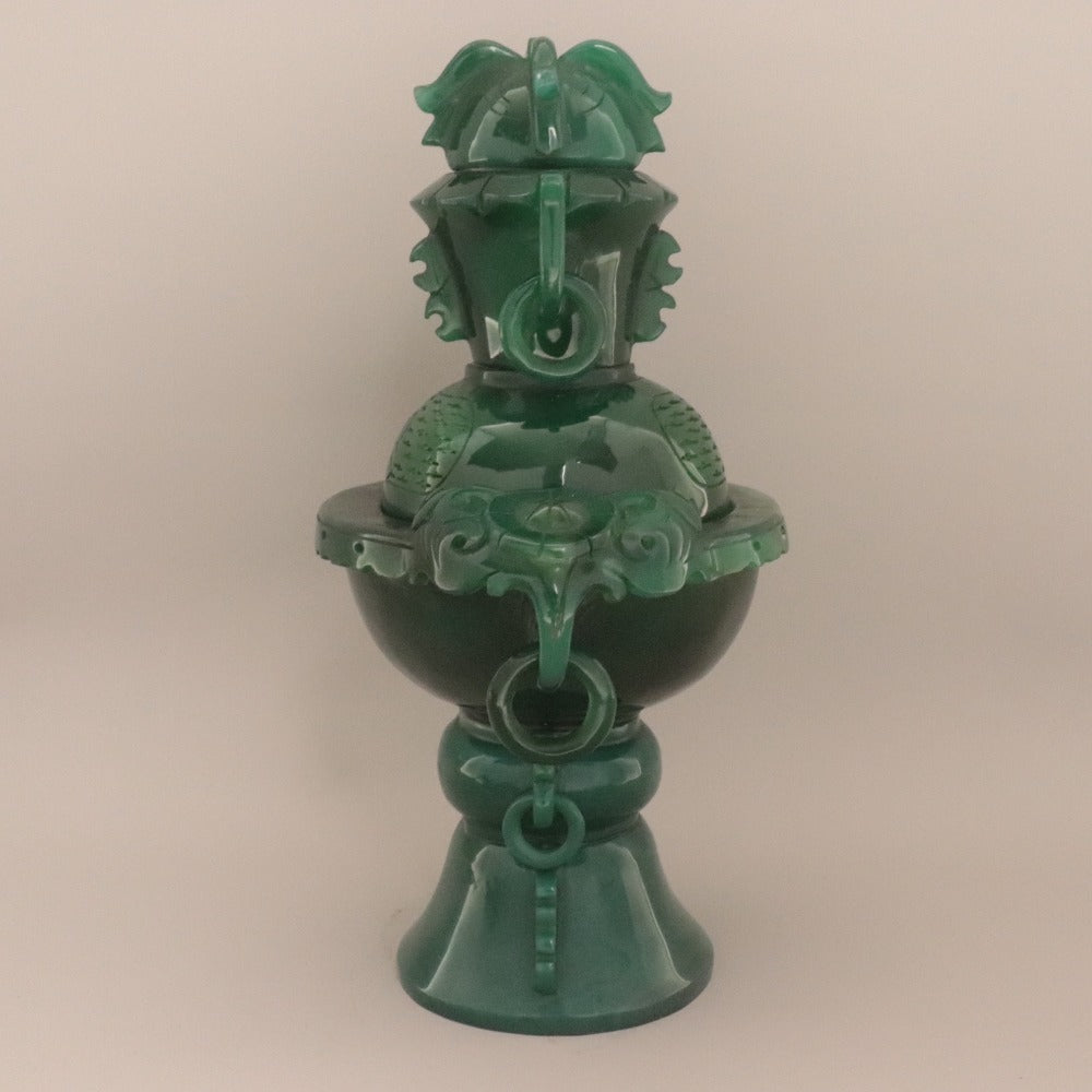 ■ 中国美術 緑瑪瑙 メノウ 遊環付香炉 蓋付 細密彫刻 飾壺 古玩 天然石 鑑賞石 置物 吉祥 縁起物 全長29.5cm 重量約1.7kg 訳あり