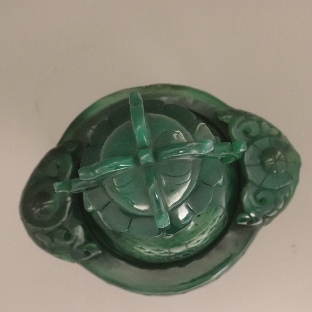 ■ 中国美術 緑瑪瑙 メノウ 遊環付香炉 蓋付 細密彫刻 飾壺 古玩 天然石 鑑賞石 置物 吉祥 縁起物 全長29.5cm 重量約1.7kg 訳あり