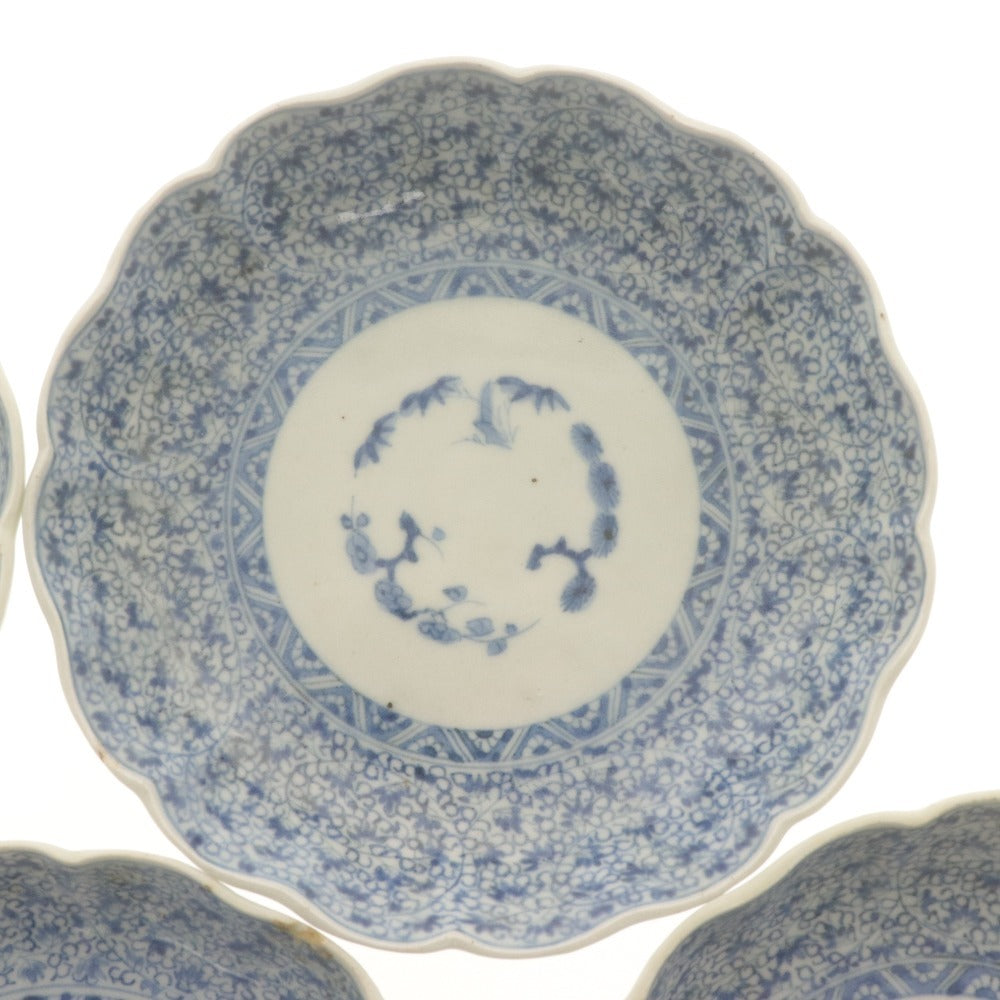 ■ Fuki Choshun (Wealth and Longevity) Antique Ko-Imari Blue and White Rinka Dish, Set of 5 / Namasu Dish, Medium Dish, With Potter's Mark, Auspicious Phrase, Lucky Item, Wealth, Longevity, Japanese Tableware, Diameter 13.5cm