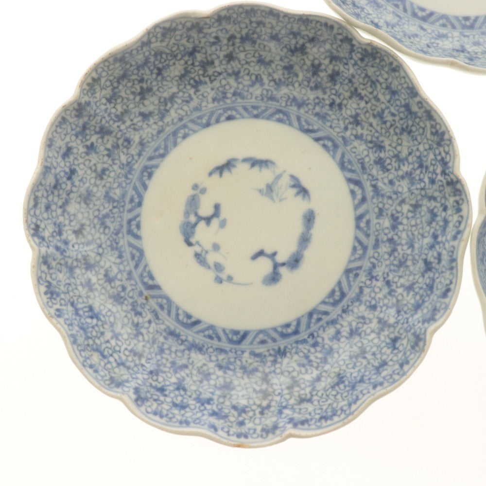 ■ Fuki Choshun (Wealth and Longevity) Antique Ko-Imari Blue and White Rinka Dish, Set of 5 / Namasu Dish, Medium Dish, With Potter's Mark, Auspicious Phrase, Lucky Item, Wealth, Longevity, Japanese Tableware, Diameter 13.5cm