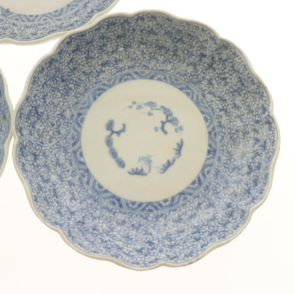 ■ Fuki Choshun (Wealth and Longevity) Antique Ko-Imari Blue and White Rinka Dish, Set of 5 / Namasu Dish, Medium Dish, With Potter's Mark, Auspicious Phrase, Lucky Item, Wealth, Longevity, Japanese Tableware, Diameter 13.5cm