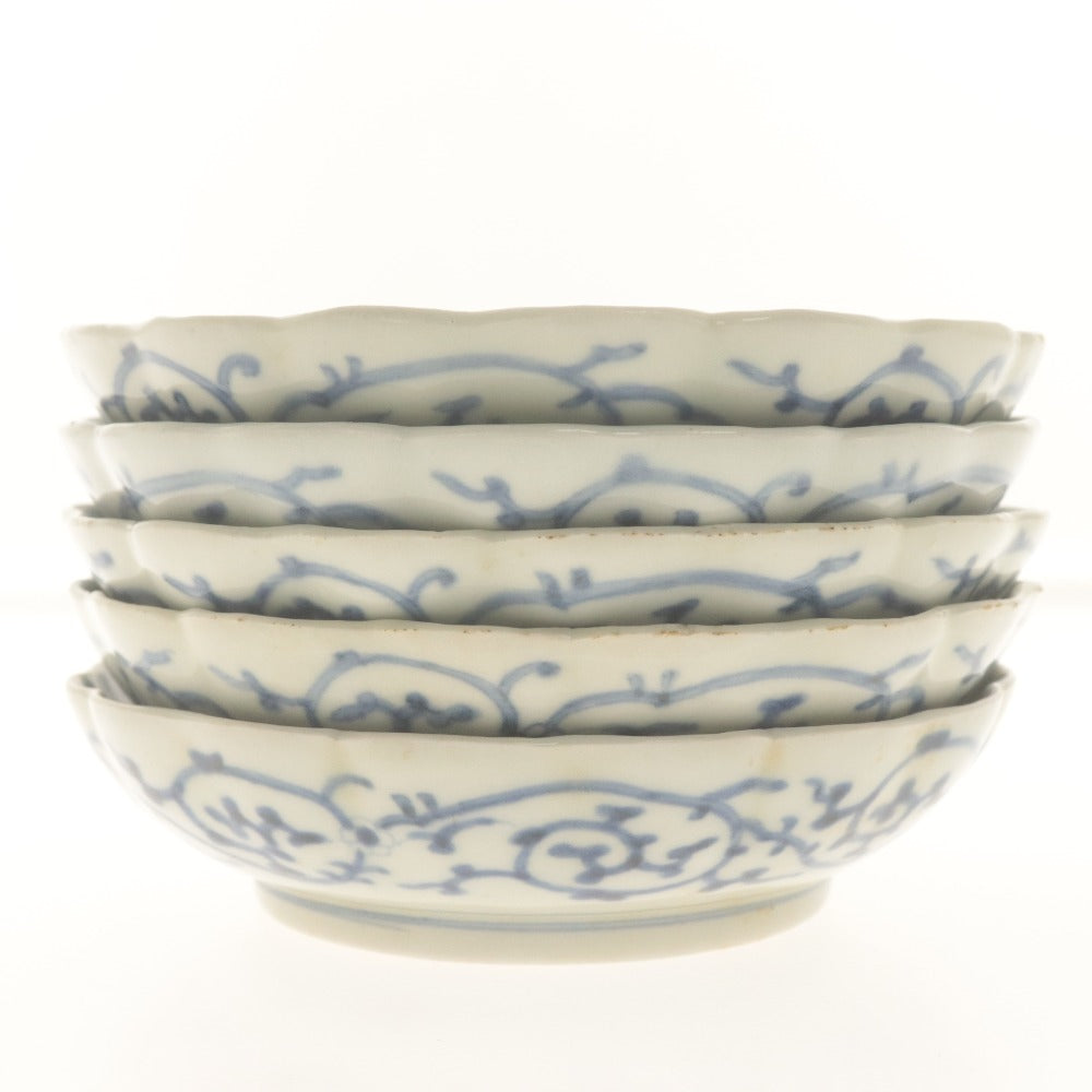 ■ Fuki Choshun (Wealth and Longevity) Antique Ko-Imari Blue and White Rinka Dish, Set of 5 / Namasu Dish, Medium Dish, With Potter's Mark, Auspicious Phrase, Lucky Item, Wealth, Longevity, Japanese Tableware, Diameter 13.5cm