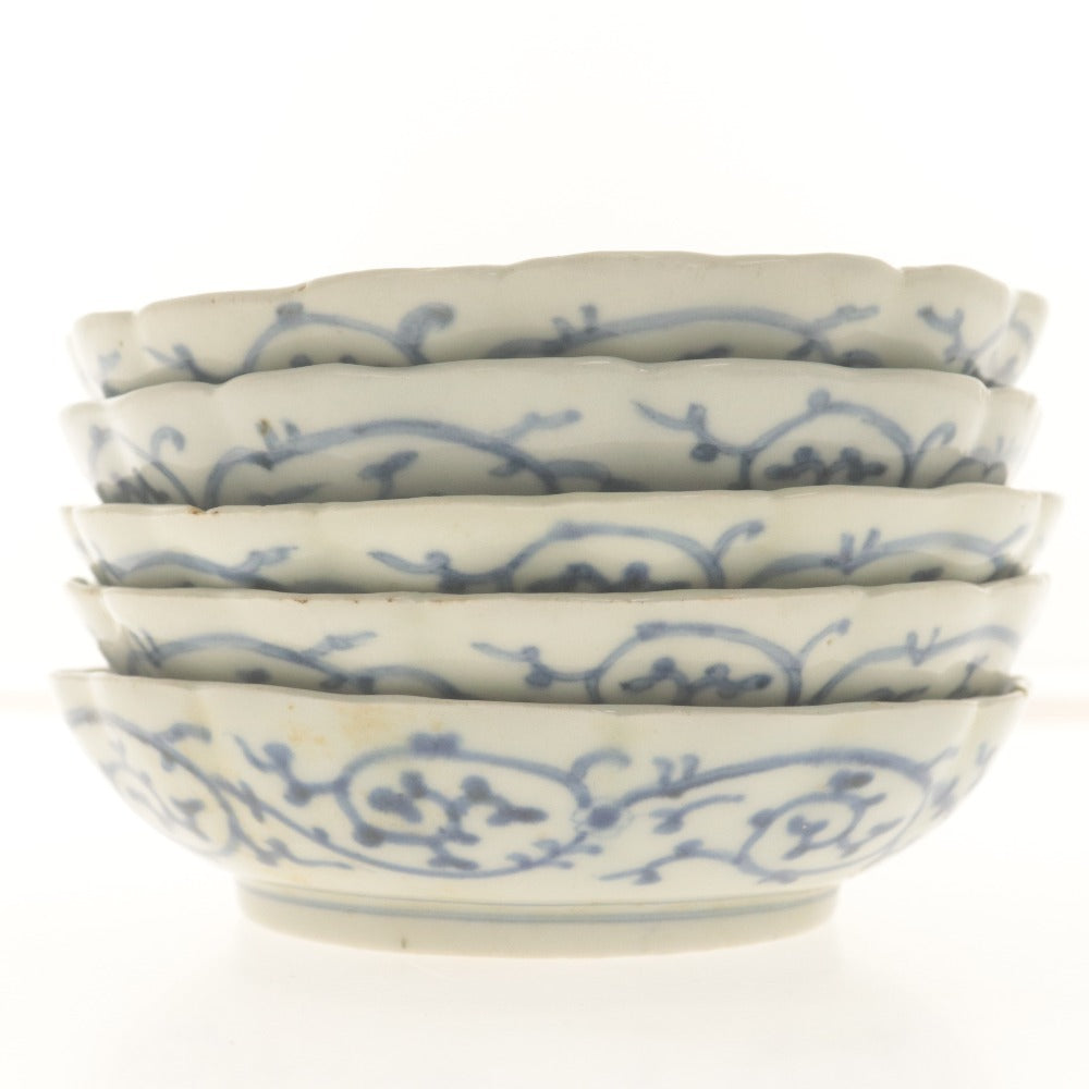 ■ Fuki Choshun (Wealth and Longevity) Antique Ko-Imari Blue and White Rinka Dish, Set of 5 / Namasu Dish, Medium Dish, With Potter's Mark, Auspicious Phrase, Lucky Item, Wealth, Longevity, Japanese Tableware, Diameter 13.5cm
