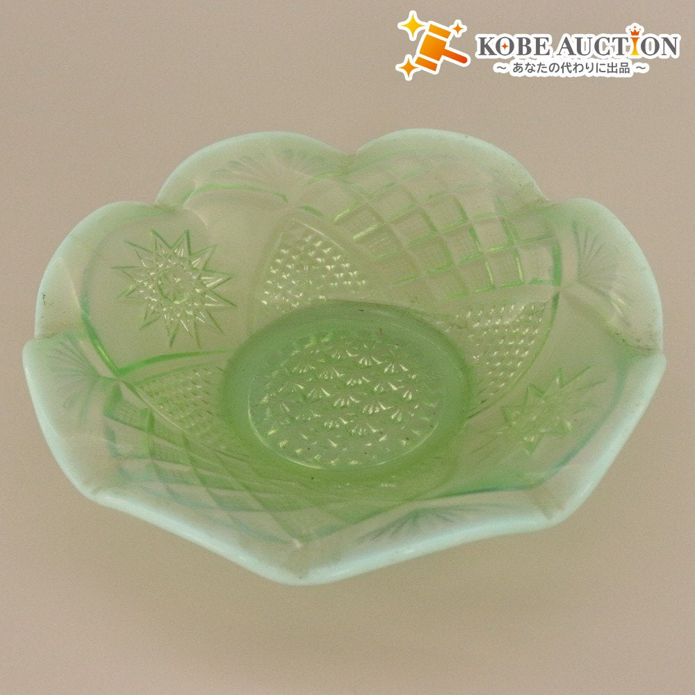 ■ Jefferson Glass ジェファーソン グラス ガラスボウル Tokyo 東京パターン アメリカ 花柄 総柄 中鉢 皿 器 グリーン 全長19cm